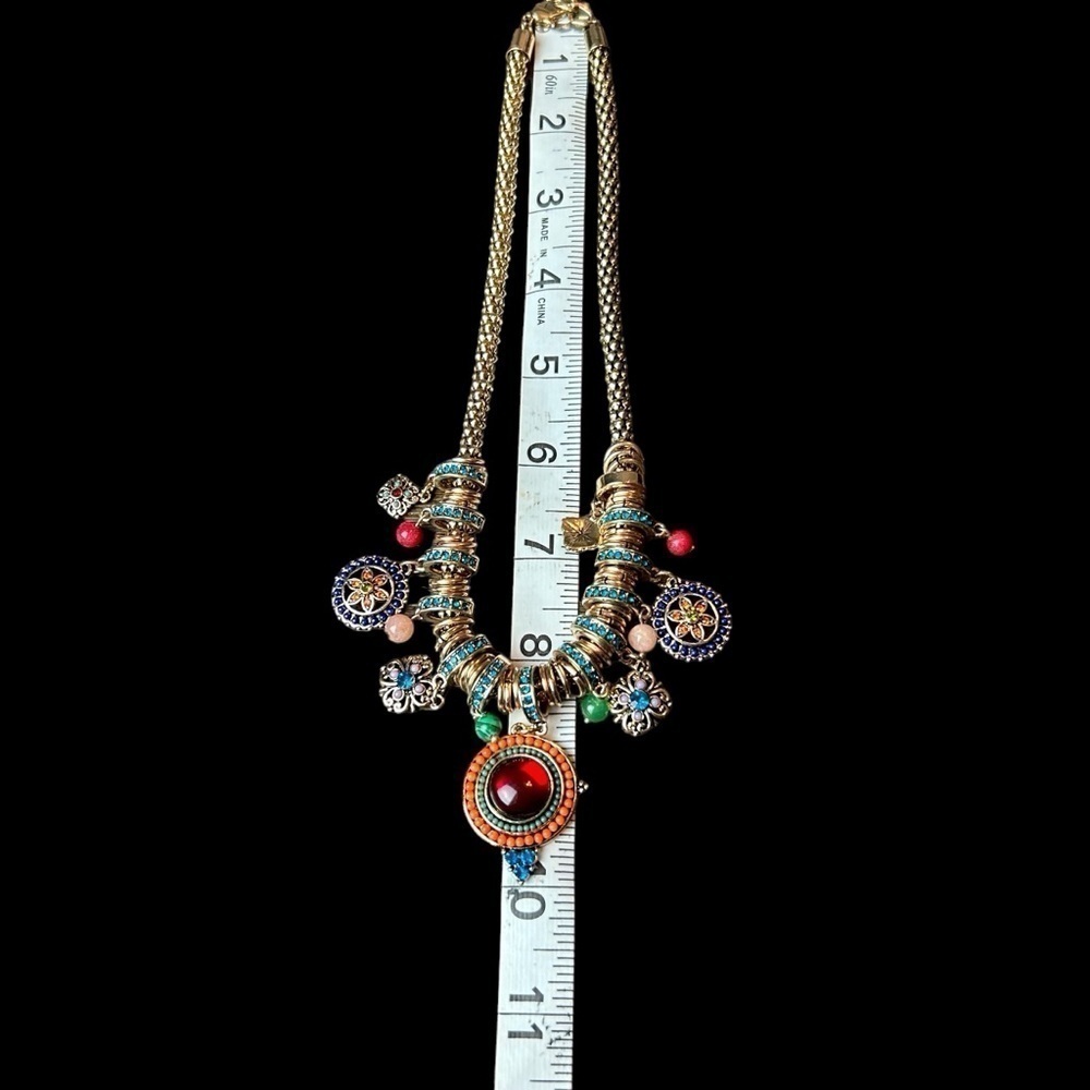 Gold Tone Necklace W/ Jewel Tone Beaded & Rhinestone Charms and Medallions - Picture 10 of 16